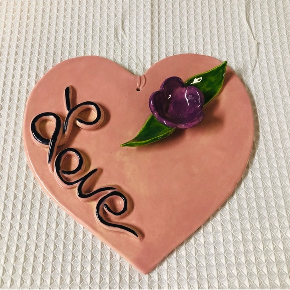 Mango Tree Studios Ceramic Heart Love Flower Wall Accent Artisan PJS Signed OOAK - Picture 1 of 12